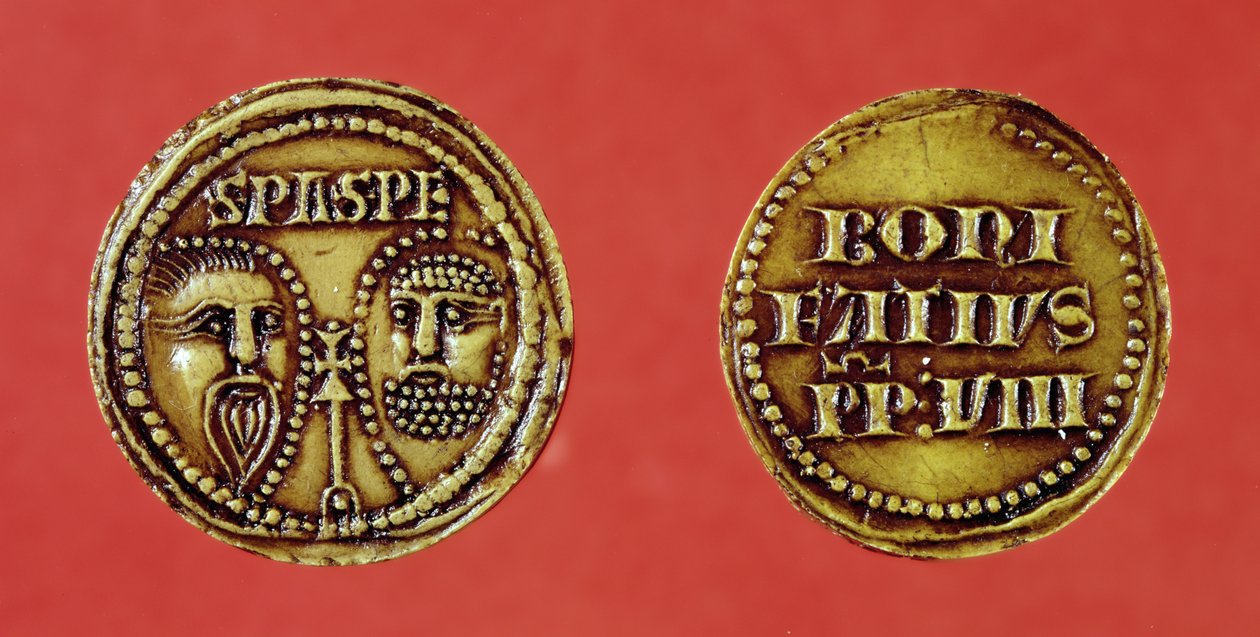 Pečeť s hlavami sv. Pavla a sv. Petra z buly papeže Bonifáce VIII., zpět a vzadu, 1295 (vosk) od French School
