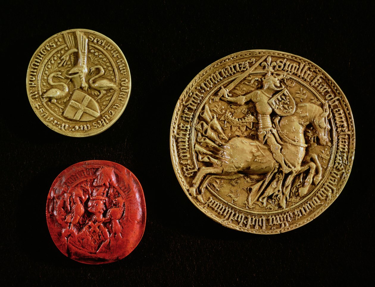 Pečeti Gilles de Laval (1404-40) Lord of Rais, Jean dOrleans (1402-68) hrabě z Dunois a Jean Poton de Xaintrailles (1400-61) od French School