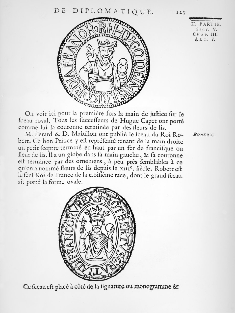 Pečeti Hugues Capet (asi 941-996) a Robert II (asi 970-1031) zbožný od French School