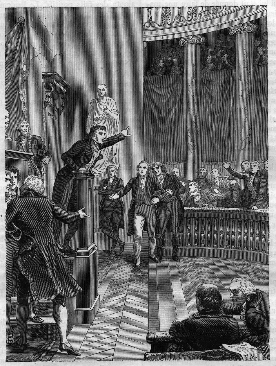 Seance du Tribunat: projev Benjamina Constanta (1767-1830) na tribuně odsuzující režim nastolený Napoleonem, leden 1800 – rytina z roku 1865 v „“ Histoire du Consulate et de l’Empire““ od Louise Adolphe Thierse – francouzského politika Benjamin Constant od French School