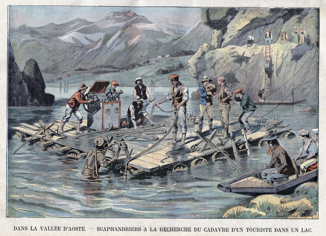 Hledání skafandru po těle utopeného turisty v jezeře ve Vallee d"Aosta od French School