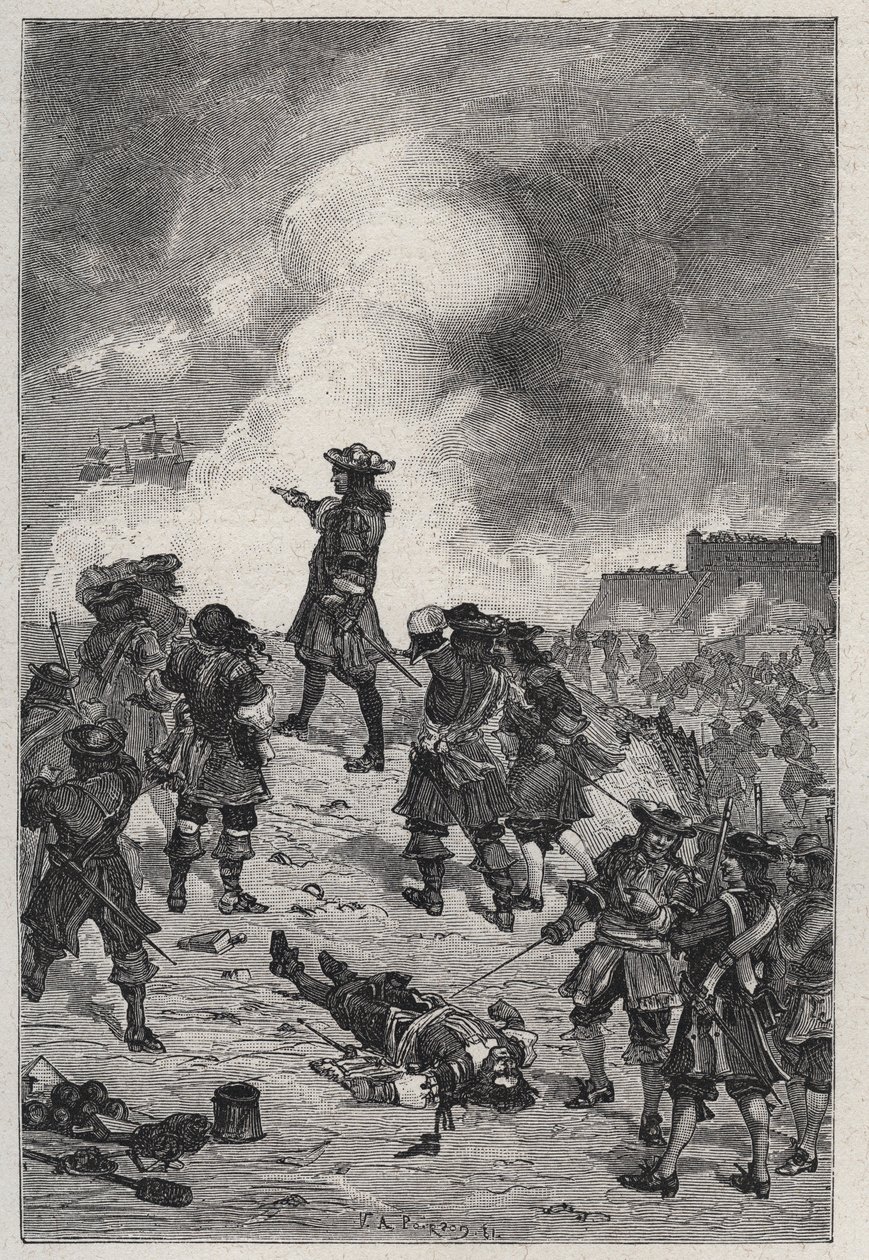 Sebastian the Prestre lord z Vaubanu (1633-1717), marechal Francie brání Brest před útokem anglické flotily v roce 1695 - rytina v „Les Hommes Celebres de la France“ od Louise Dumase 1889 od French School