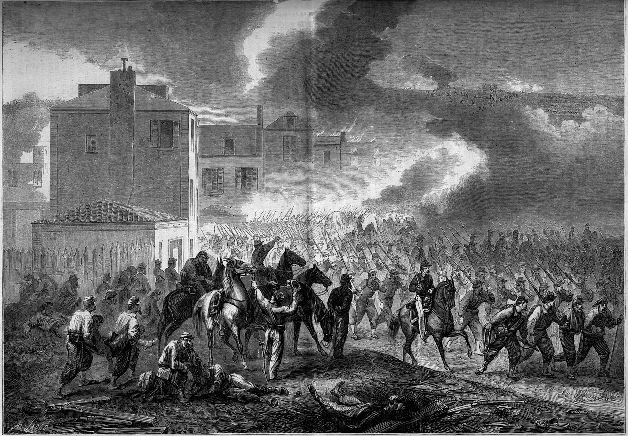 Secesní válka (1861-1865) nebo Americká občanská válka: evakuace města Corinth (Mississippi) v roce 1862. Rytina v „“ Le Monde Illustré““ č. 275 z 19. července 1862. od French School