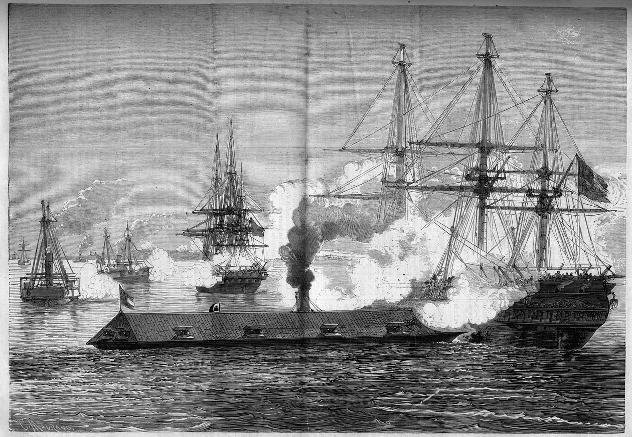 Secesní válka (1861–1865) nebo Americká občanská válka – námořní bitva u Newport News (Virginia) – 8.–9. března od French School
