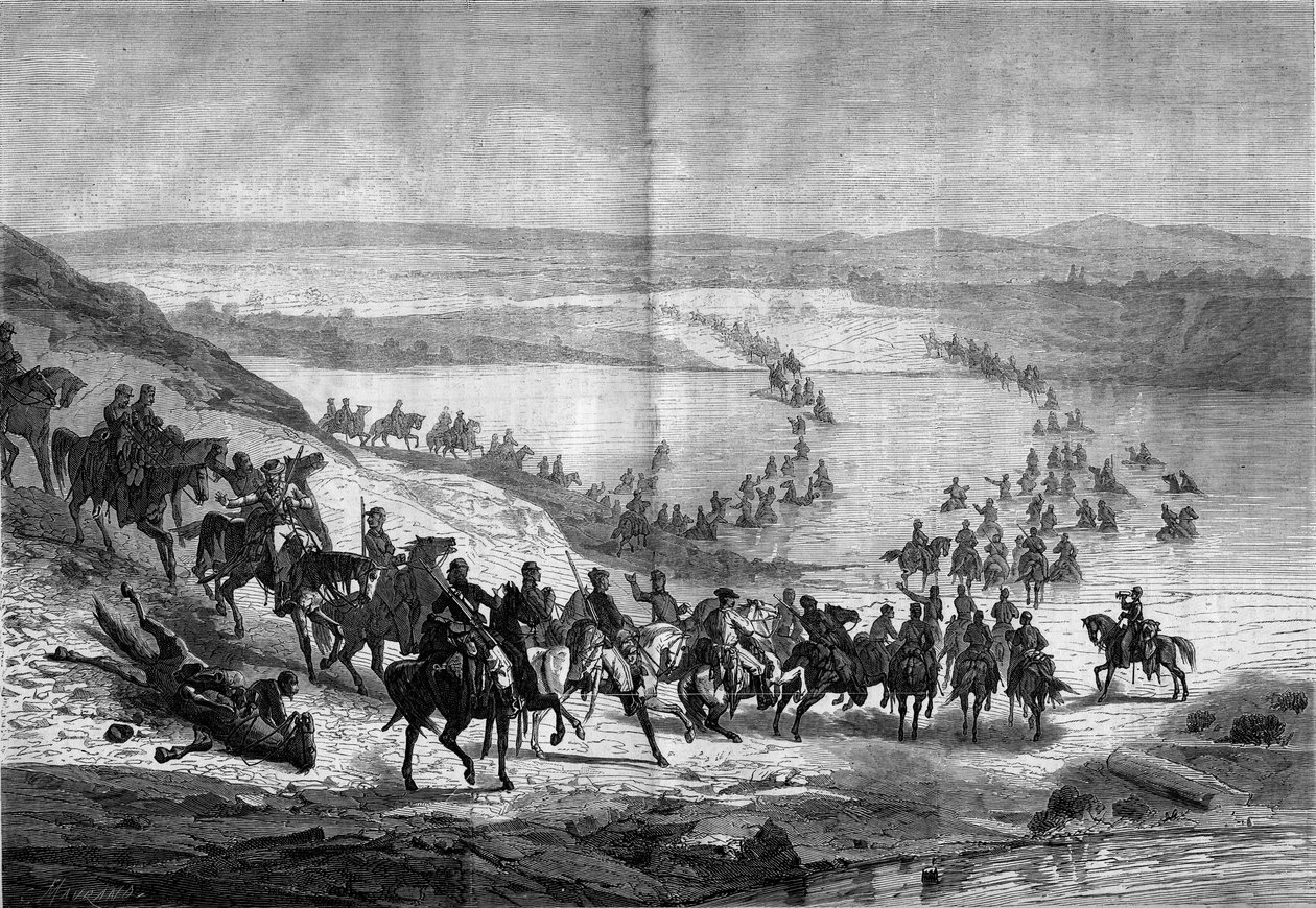 Secesní válka (1861-1865) nebo Americká občanská válka: překročení Potomacu jižní kavalérií generála Stuarta. Rytina v „“ Le Monde Illustré““ č. 293 z 22. listopadu od French School