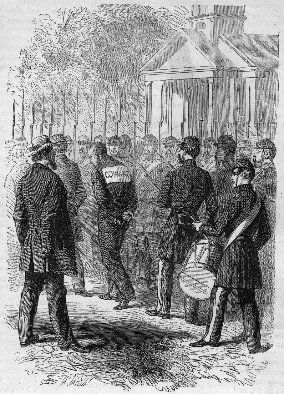Secesní válka (1861-1865) nebo Americká občanská válka: potrestání vojáka severní zbraně obviněného z hete v boji. Se svázanýma rukama a nápisem „Lache“ na zádech přechází za zvuku bubnu přes tábor. Gravírování „“ Le Monde Illustré““ č od French School