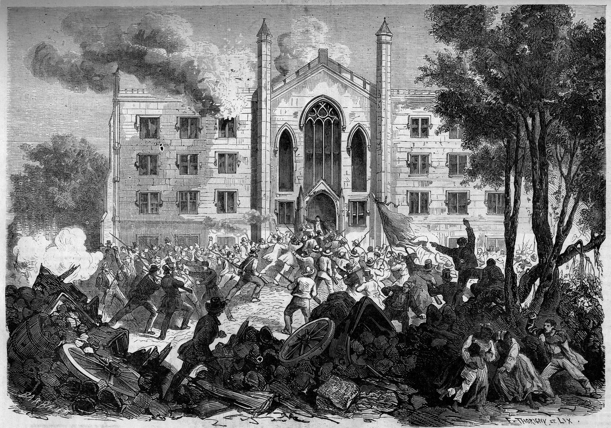 Secesní válka nebo americká občanská válka (1861-1865) – New York – červenec 1863: opozice proti odvodu, povstání zapálily azylový dům barevných sirotků v New Yorku během „Draft Riots“. Rytina v „“ Le Monde Illustré““ č. 331 z 15. srpna od French School