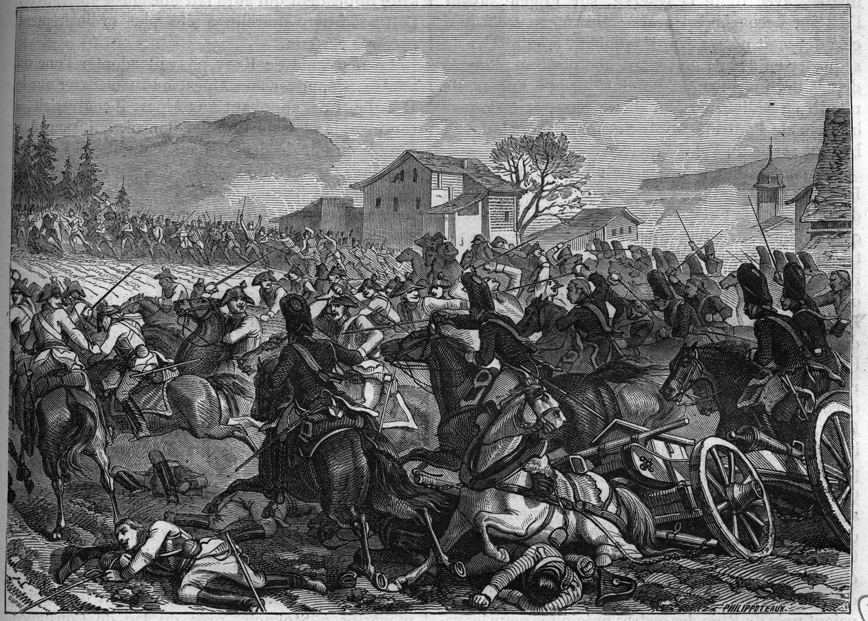 Druhá koalice (1798-1800): Bitva u Stockachu 3. května 1800 proti Francii a Rakousku – rytina z roku 1865 v „Histoire du Consulate et de l