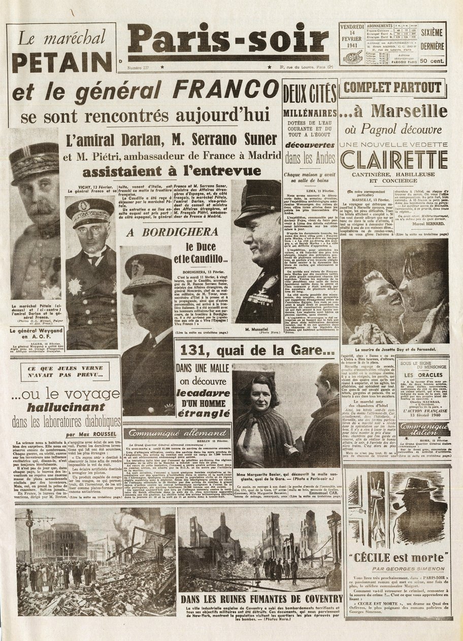 Druhá světová válka (1939-1945) - 2. světová válka (2. světová válka nebo 2. světová válka): PARIS SOURCE [č. 237] ze dne 14.2.1941 - Setkání mezi LE MARECHAL PETAINEM a GENERALEM FRANCO - od French School