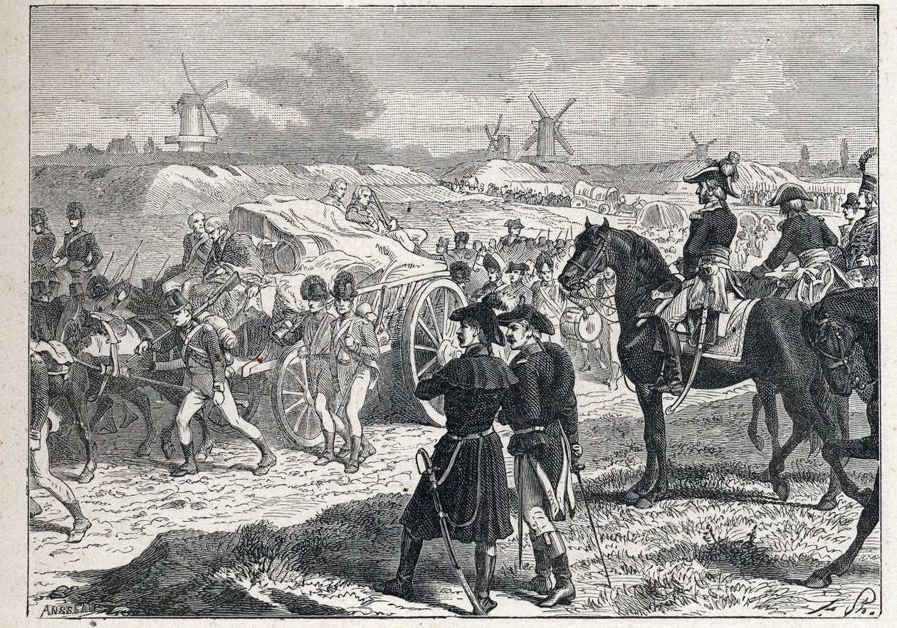 Druhá koalice: francouzská armáda pod velením Marechal Brune vyhrála anglické jednotky vévody z Yorku v Holandsku, říjen 1799. od French School