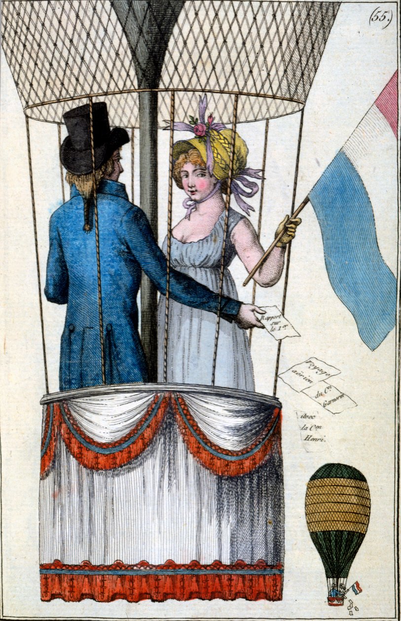 Druhý let Garnerina s Citoyenne Henri z Parc Monceau, 8. července 1798, z Costumes Parisiens, kolem roku 1798 od French School
