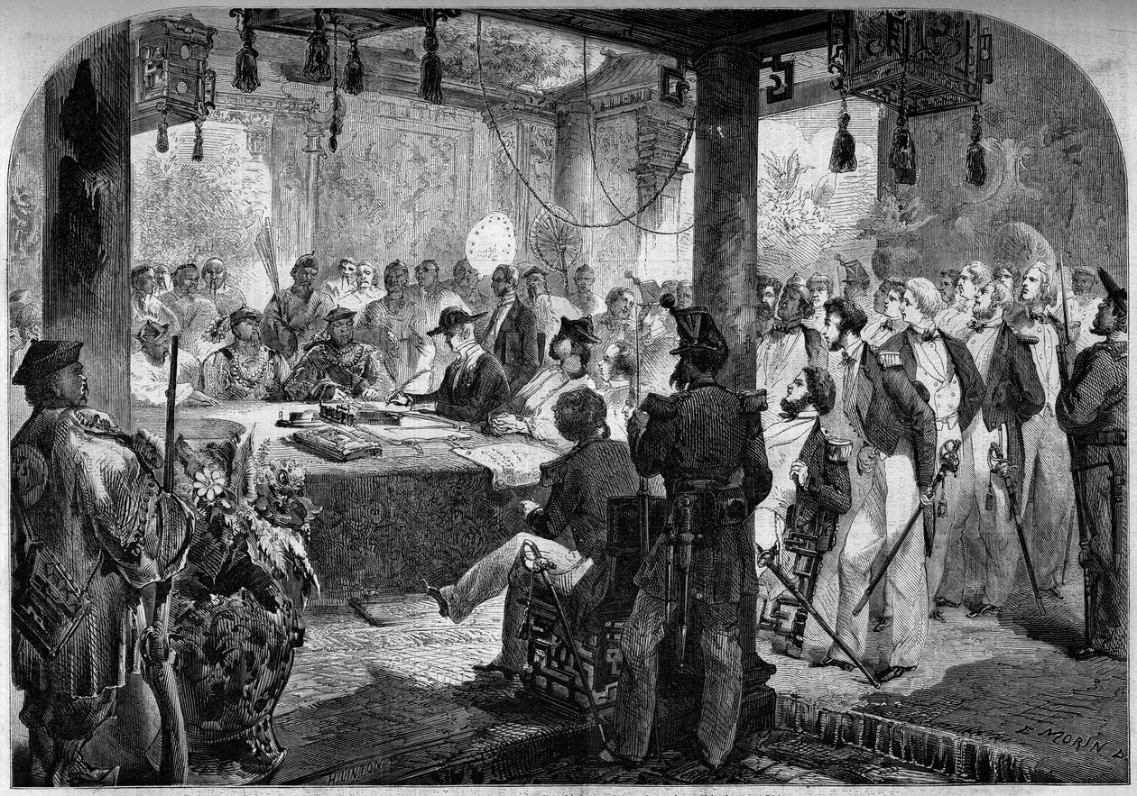 Druhá opiová válka mezi Francií, Anglií a Čínou (1858-1860) - podepsání Tianjinské smlouvy (Tientsin) v roce 1858: anglický a francouzský velvyslanec Lord Elgin (James Bruce od French School