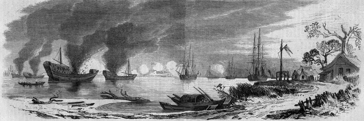 Druhá opiová válka mezi Francií, Anglií a Čínou (1858-1860): Čínské džunky naložené zápalnými materiály vypuštěné proti anglickému a francouzskému loďstvu. Čína od French School