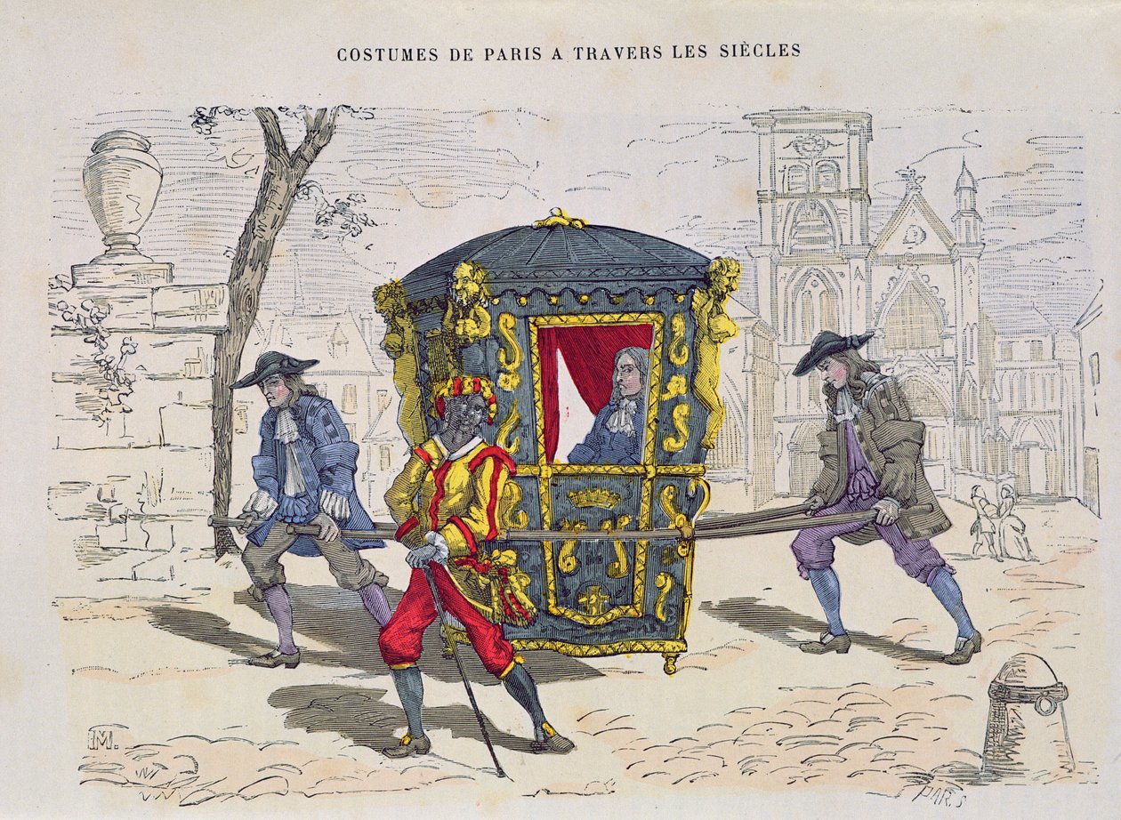 Sedanová židle v šestnáctém století, z Costumes de Paris a Travers les Siecles, vydáno 1887 (barevná rytina) od French School