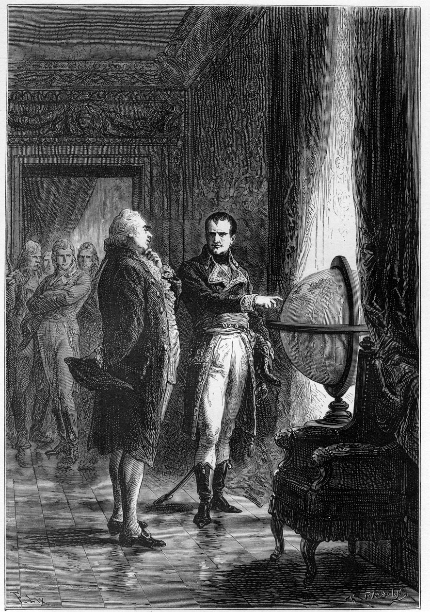 Podívejte se, jaké malé místo na světě máte - NAPOLEON BONAPARTE, první konzul, navštěvující místnosti Louvru s Charlesem Jamesem Foxem (1749-1806), britským státníkem, v roce 1801 - rytina „L