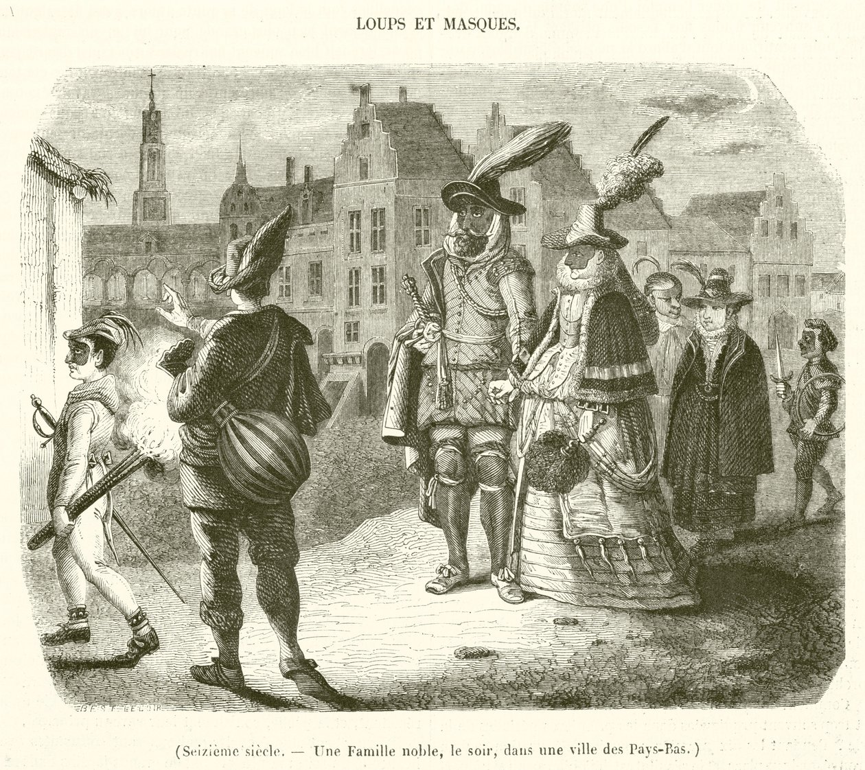 Šestnácté století, Šlechtická rodina večer ve městě v Nizozemsku (rytina) od French School