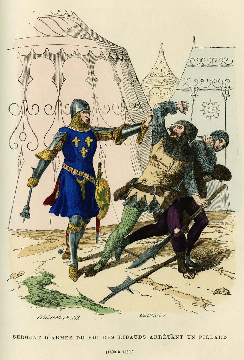 Seržant-u-paže krále ribauds (vůdce nepravidelné milice založené kolem 1189 Philippe Auguste (nebo Philippe II Francie 1165-1223), mít jisté policejní funkce) zatýkat lupiče (1290 k 1330). Barevná rytina, v „Francie od French School