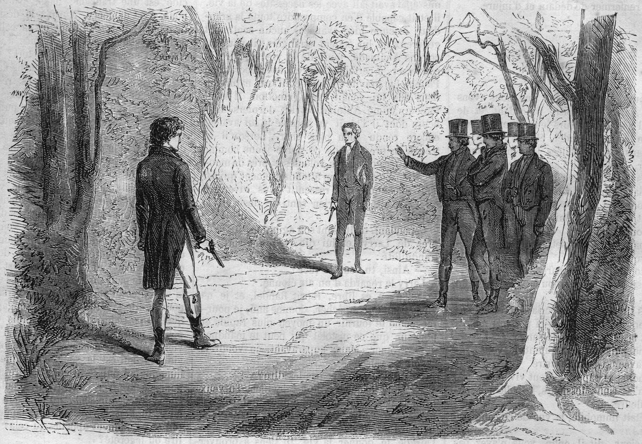 Sériový román: „Bohatí a chudí““ od Emile Souvestre (1806-1854). Souboj Boissarda a Larryho. Rytina do „“Les bons romances““ od French School