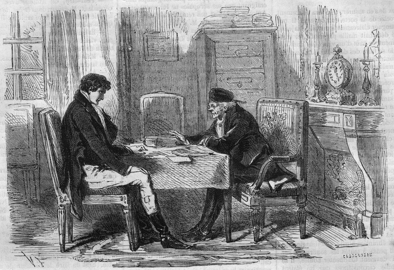 Sériový román: „Bohatí a chudí““ od Emile Souvestre (1806-1854). Dva muži mluví: "Scruples nikdy nikoho nemučil." Rytina do „“Les bons romances““ od French School