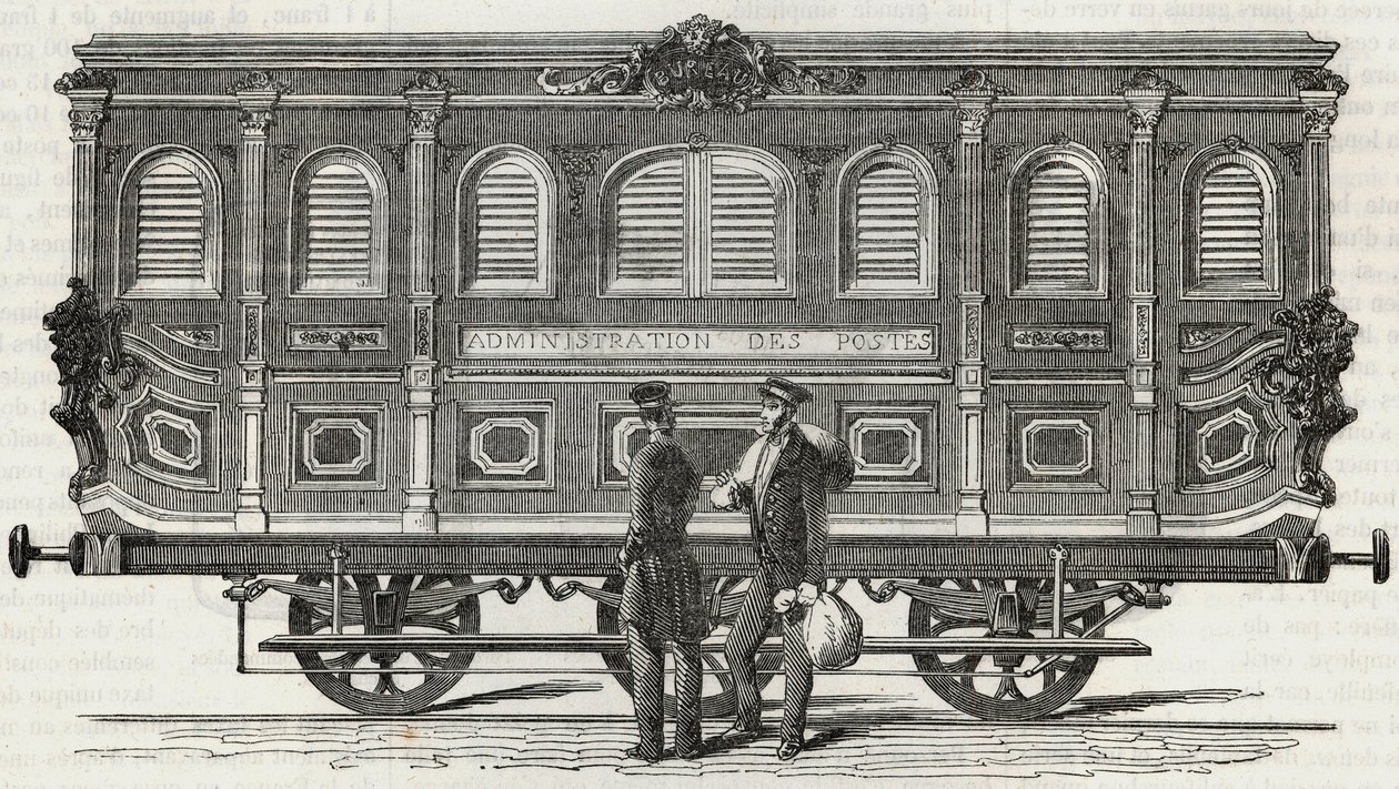 Pošta - vnější pohled na mobilní kancelář - rytina v „Tableau-de-Paris“ od Edmonda Texiera 1852 od French School