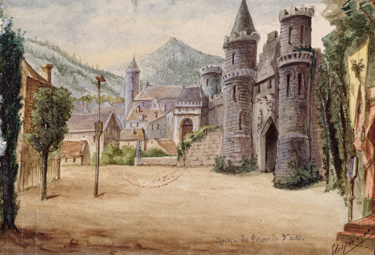 Scénografie pro III. dějství opery William Tell od Gioacchina Rossiniho (1792-1868) uvedené 3. srpna 1829 v Pařížské opeře (wc na papíře) od French School