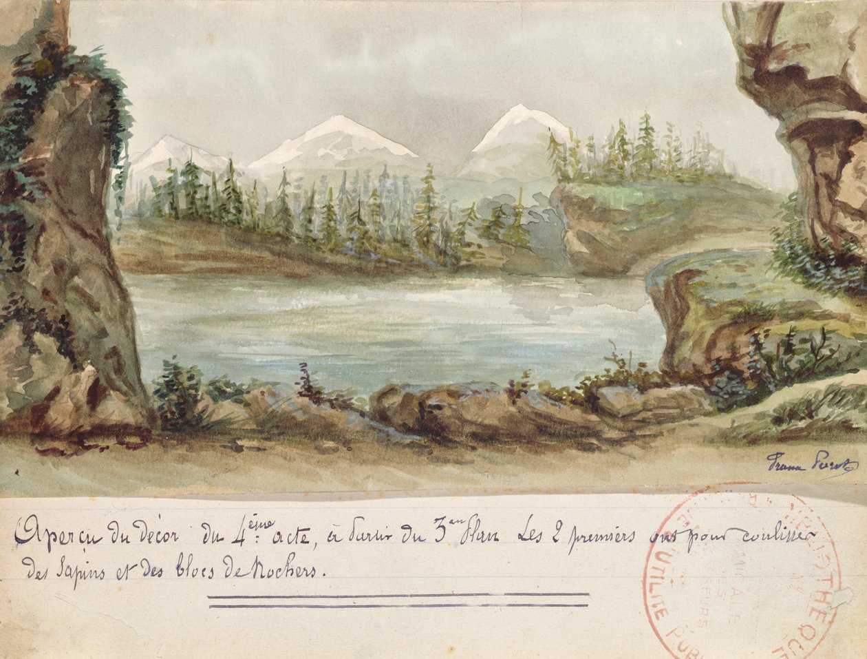 Scénografie pro IV. dějství opery William Tell od Gioacchina Rossiniho (1792-1868) uvedené 3. srpna 1829 v Pařížské opeře (wc na papíře) od French School