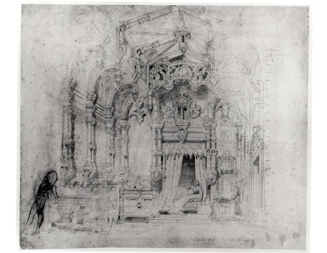 Scénografie pro první inscenaci Angelo, tyran de Padoue od Victora Huga (1802-85), 1835 (pero a inkoust na papíře) od French School