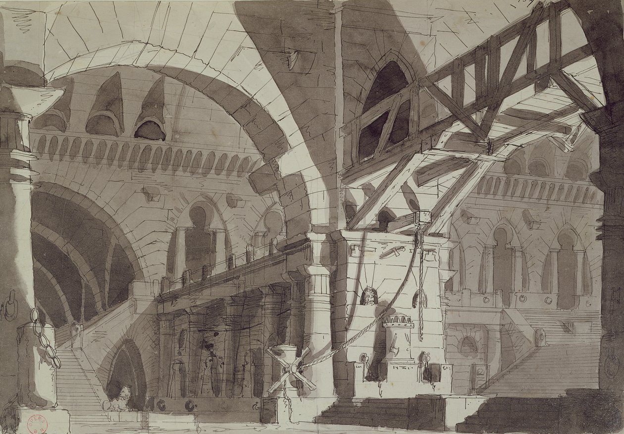 Scénografie ve stylu vězeňských kreseb Piranesis, cca 1800 (pero, inkoust a praní) od French School