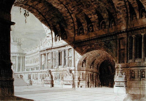 Scénografie inspirovaná antikou, cca 1800 (pero, inkoust a akvarel na papíře) od French School