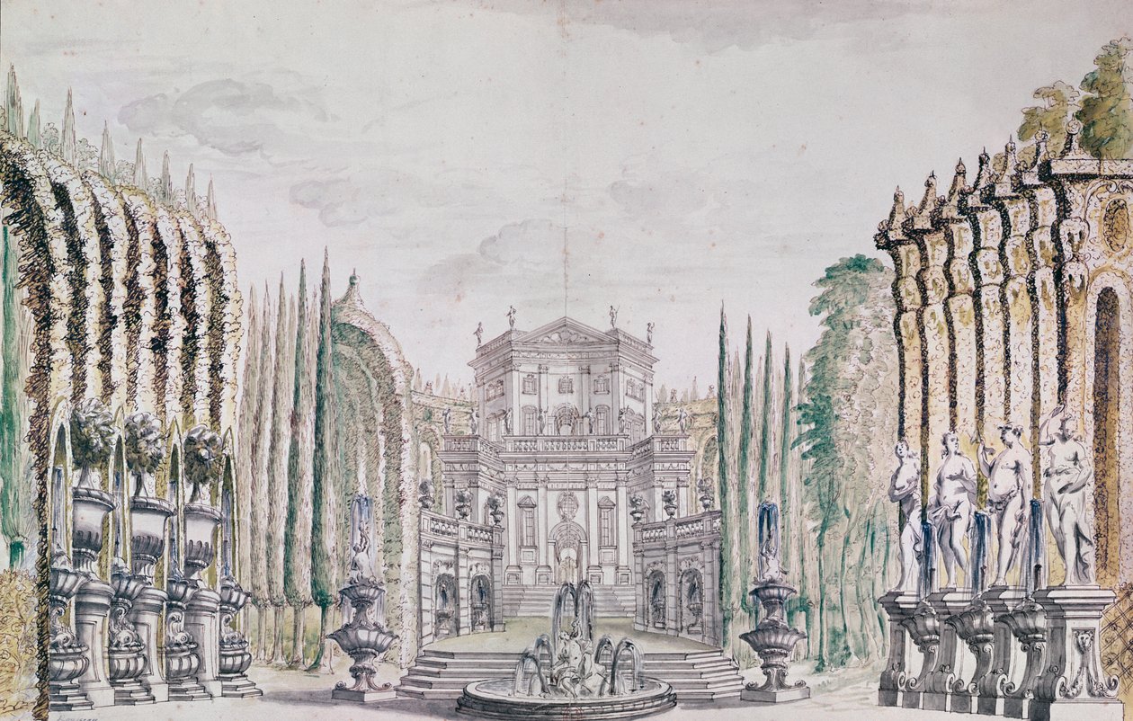 Scénografie paláce pro divadlo, cca 1660-80 (pero & inkoust a wc na papíře) od French School