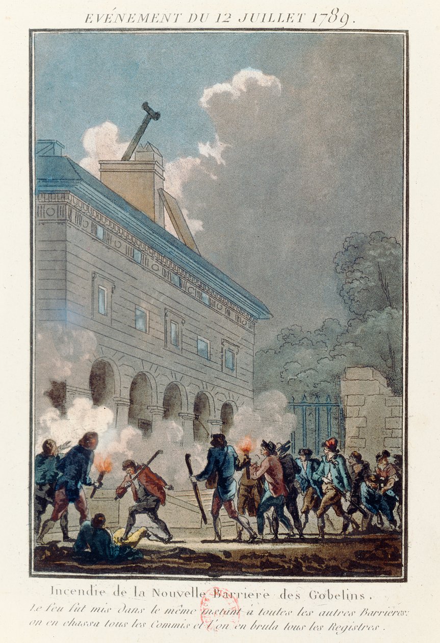 Zapálení zdi Fermiers Generaux v Paříži 12. července 1789 od French School