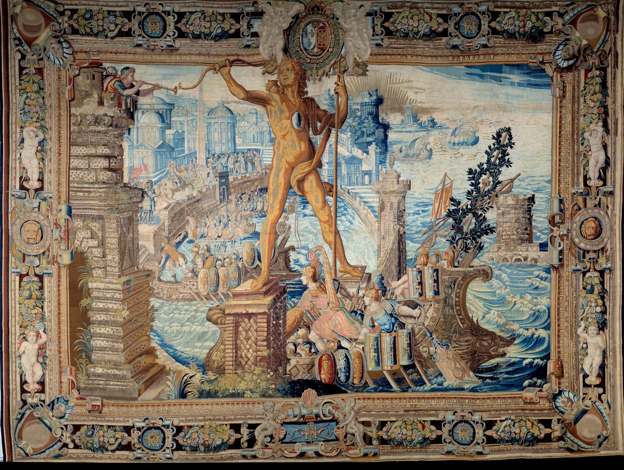 Sedm divů světa: Rhodský kolos (socha Hélia). Gobelín vyrobený z dílny Gobelínů. Paříž 17. století, Musee des Gobelins od French School