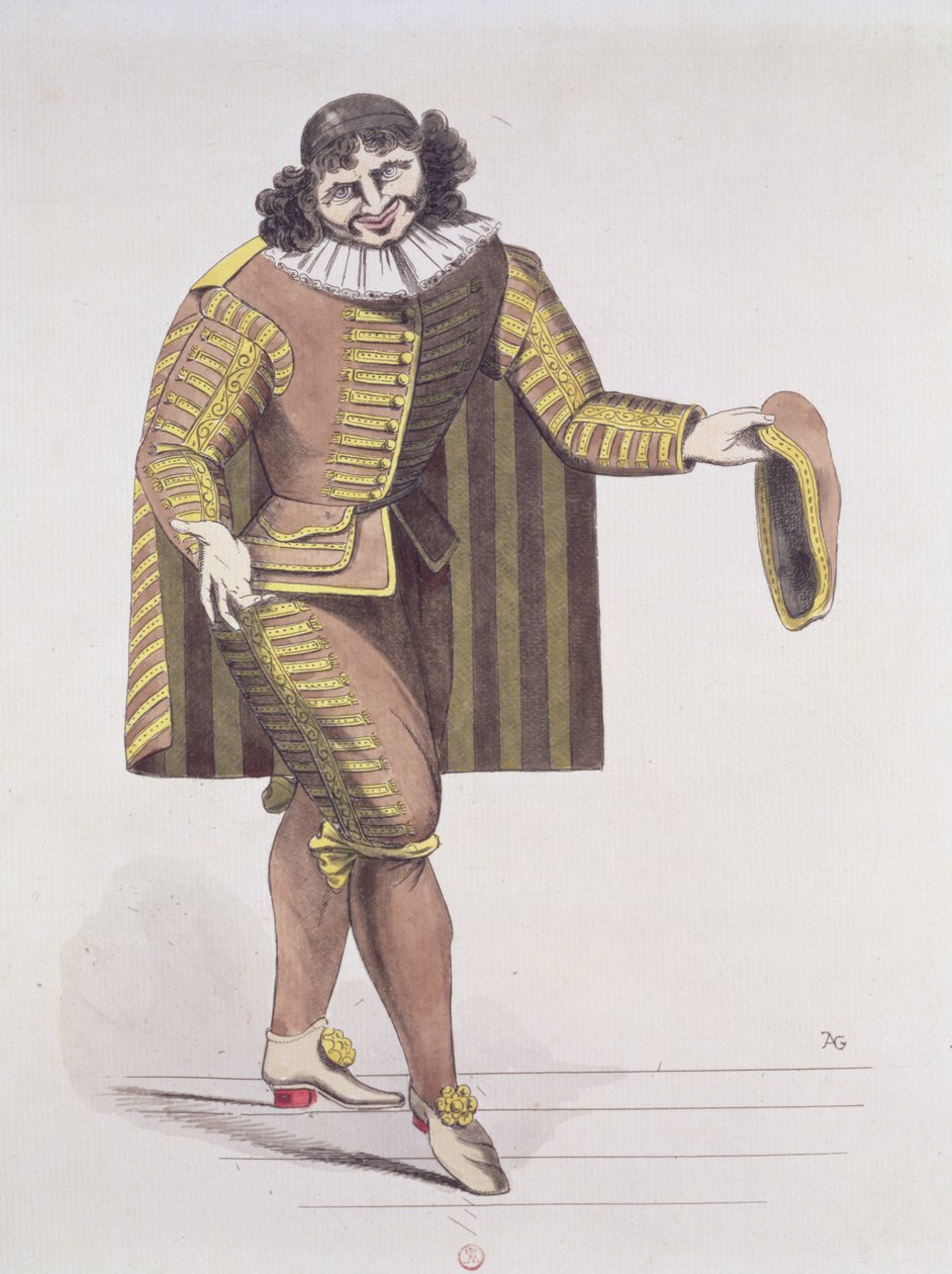 Sganarelle v LEcole des Maris od Moliera, premiéra 24. června 1661 v Palais-Royal Theatre v Paříži (pero, inkoust a wc na papíře) od French School