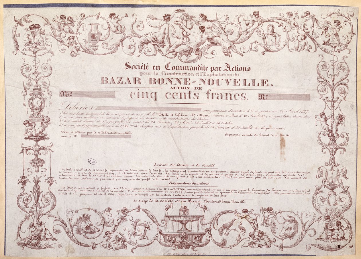Podílový list na 500 franků pro Bazar Bonne-Nouvelle, 1836 od French School