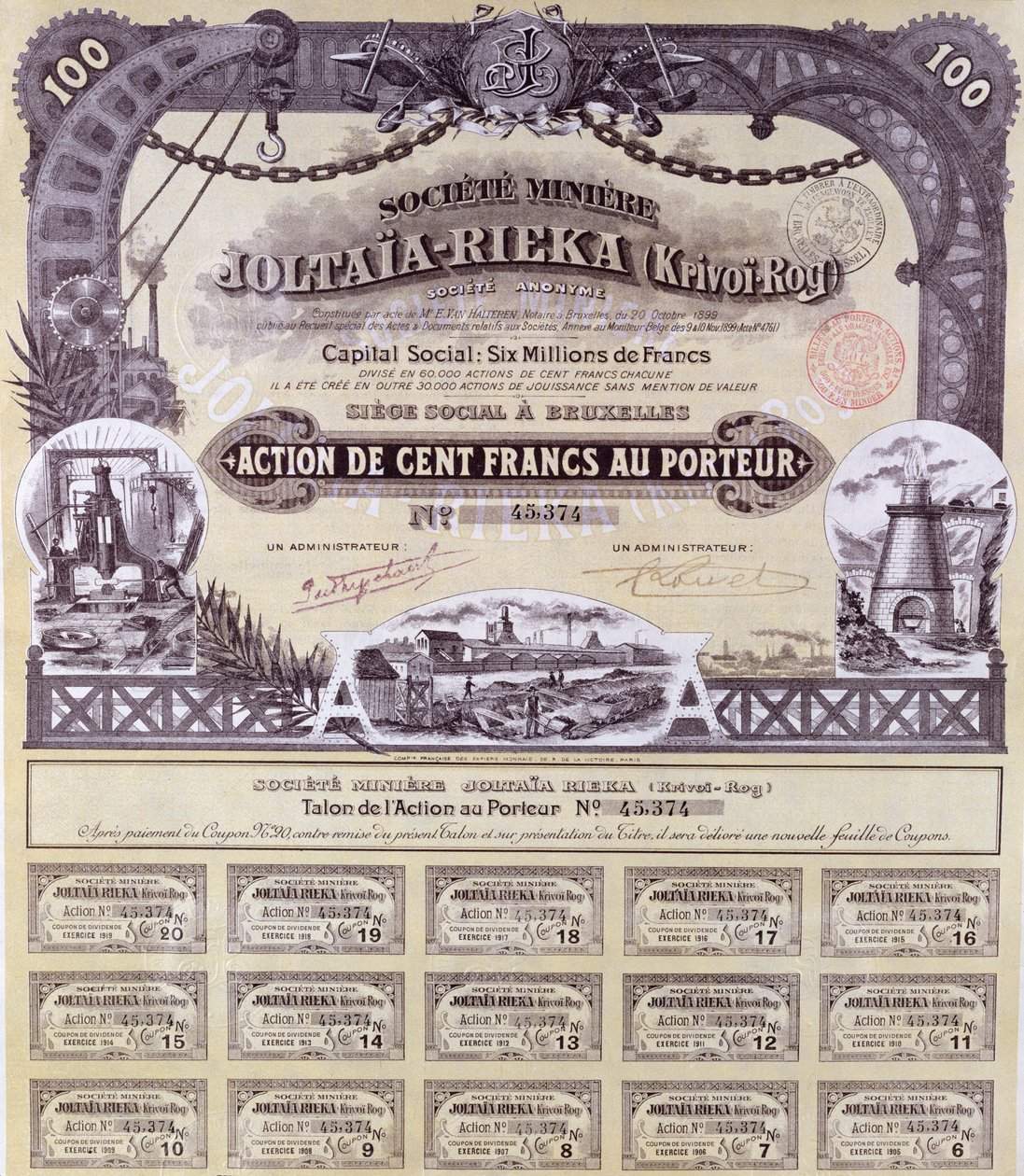 Podílový list na 100 franků pro francouzsko-ruskou těžařskou společnost Joltaia-Rieka, 1899 od French School
