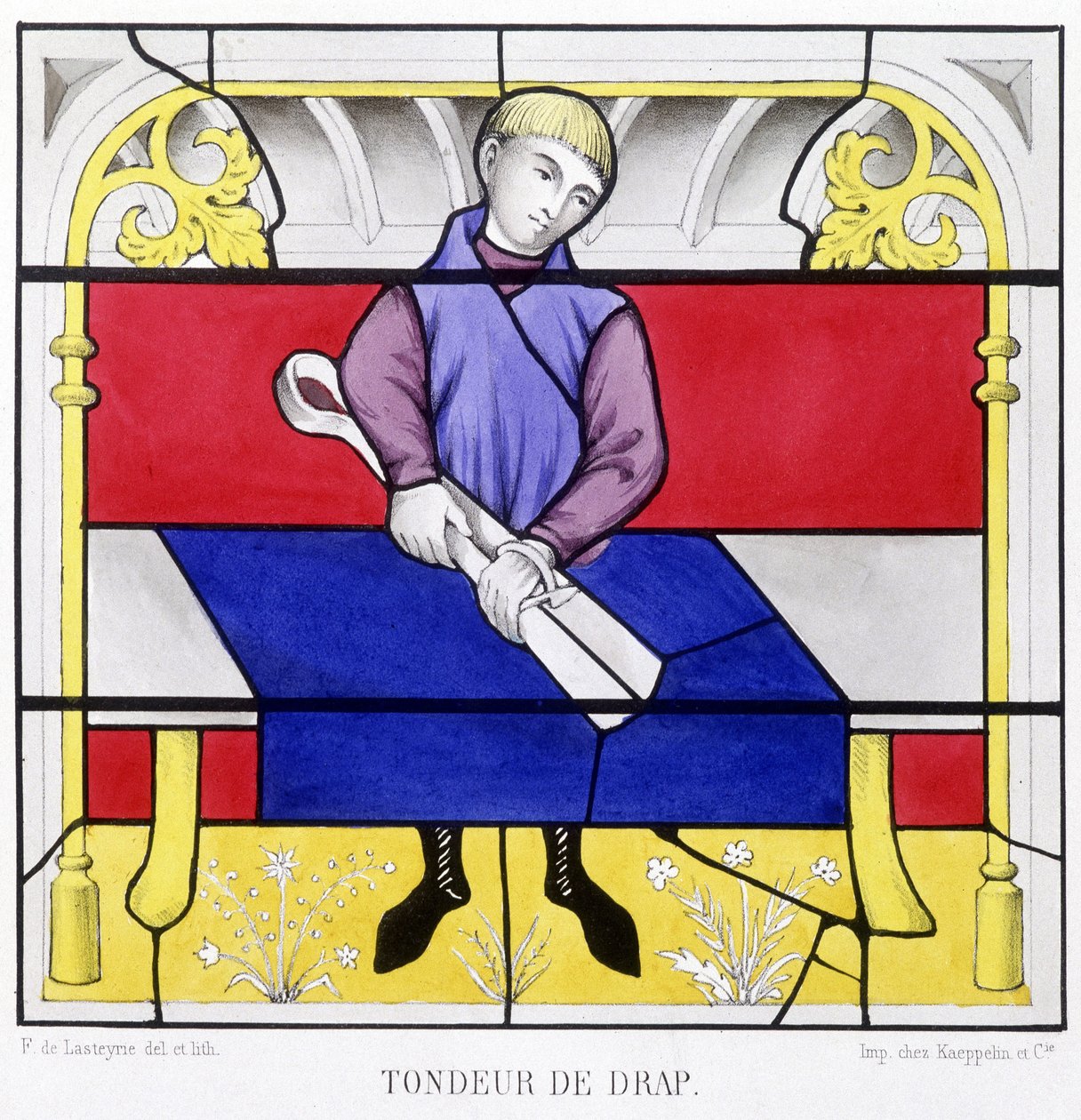 Plechař. Faksimile vitráže ze středověku v „Histoire de la peinture sur verre““ od Ferdinanda de Lasteyrie od French School