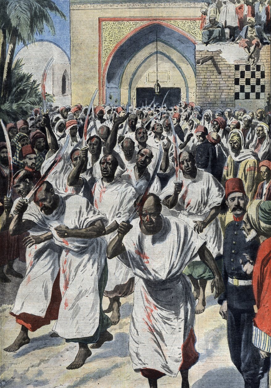 Šíitští muslimové na pouti v Karbale (Irák), u Husajnova hrobu - „Le Petit journal“, duben 1909 (rytina) od French School