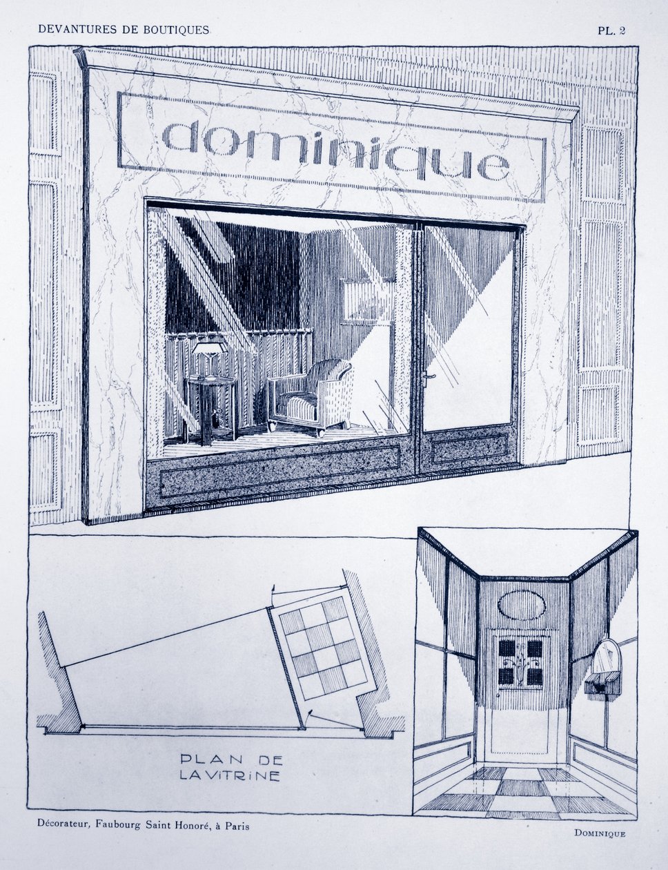 Přední strana obchodu, deska 2, ilustrace z Devantures de Boutiques od Louis-Pierre Sezille, Paříž, 1927 od French School