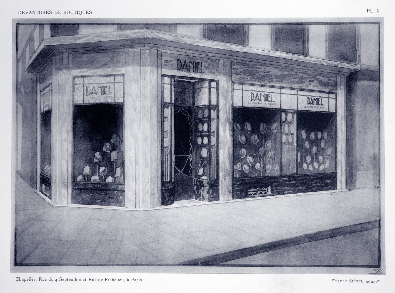 Přední strana obchodu, deska 4, ilustrace z Devantures de Boutiques od Louis-Pierre Sezille, Paříž, 1927 od French School