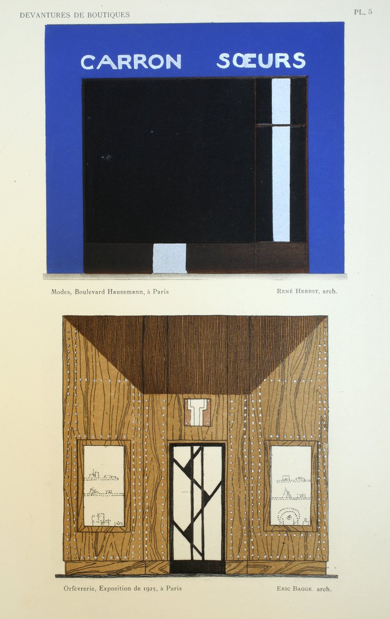 Průčelí obchodů, ilustrace z Devantures de Boutiques od Louis-Pierre Sezille, Paříž, 1927 od French School