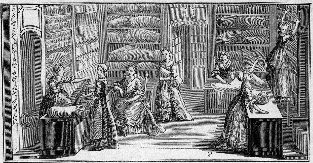 Obchod „módního obchodníka“ v 18. století. Rytina v „La Marine et les colonies: commerce“ od French School