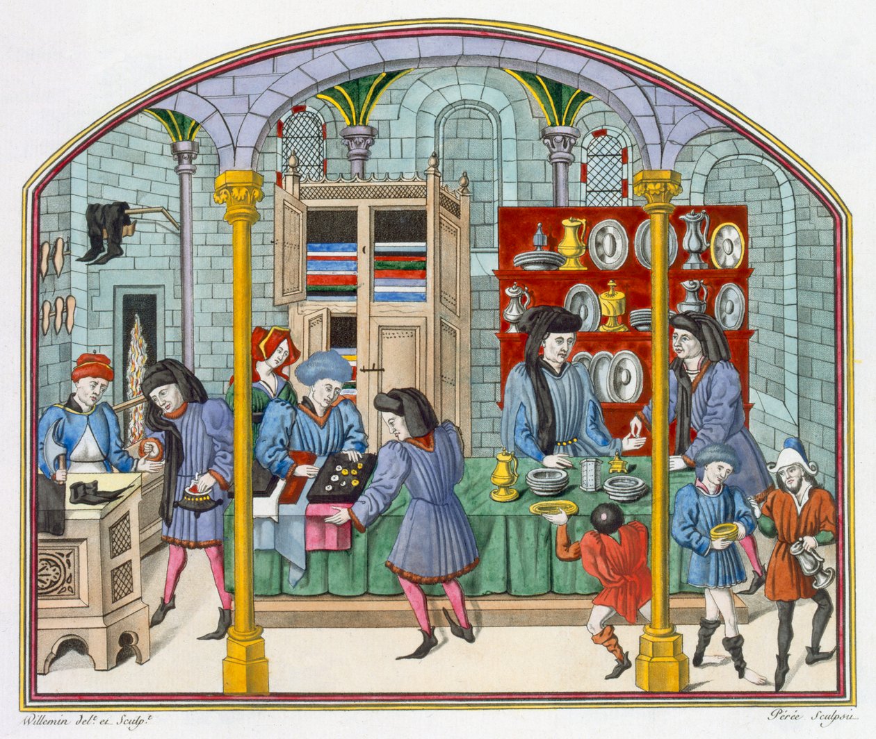 Obchody pod krytým trhem podle miniatury v překladu Aristotelovy knihy Etika a politika ze 14. století od Nicolase Oresma (asi 1323–1382) od French School