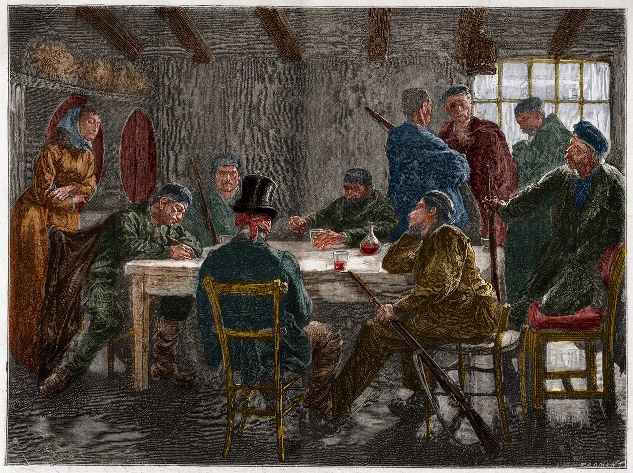 Sicilská mafie v 19. století: Výslech velkostatkáře zrušený sicilskými mafiány v roce 1873. Rytina z roku 1873. od French School