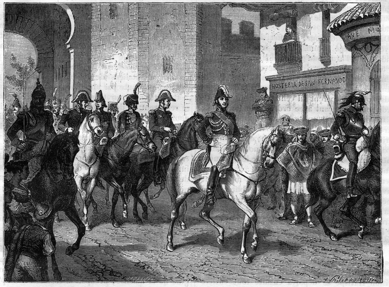 Obléhání a dobytí Valencie francouzskou armádou na příkaz maršála říše hraběte Sucheta dne 9. července 1812 - Vstup maršála Louise Gabriela Sucheta ve Valencii v roce 1812 - v „Historie impéria po historii konzulátu“ od Adolf Thie od French School