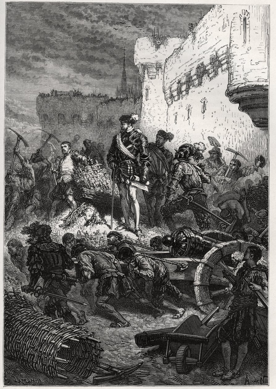 Siege de Metz (1552) – Francois de Guise a práce na hradbách Metz – rytina z „“ Historie Francie vyprávěná mým vnoučatům“ – od Francoise Guizota – 1872-1876 od French School