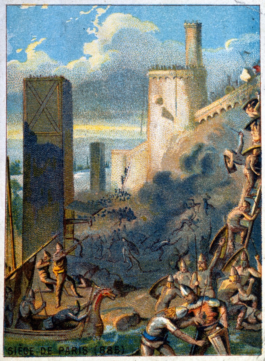 Obléhání Paříže (885) Normany (Vikingy). Chromolitografie řady „“Vlastenecká výchova obrazem““. od French School