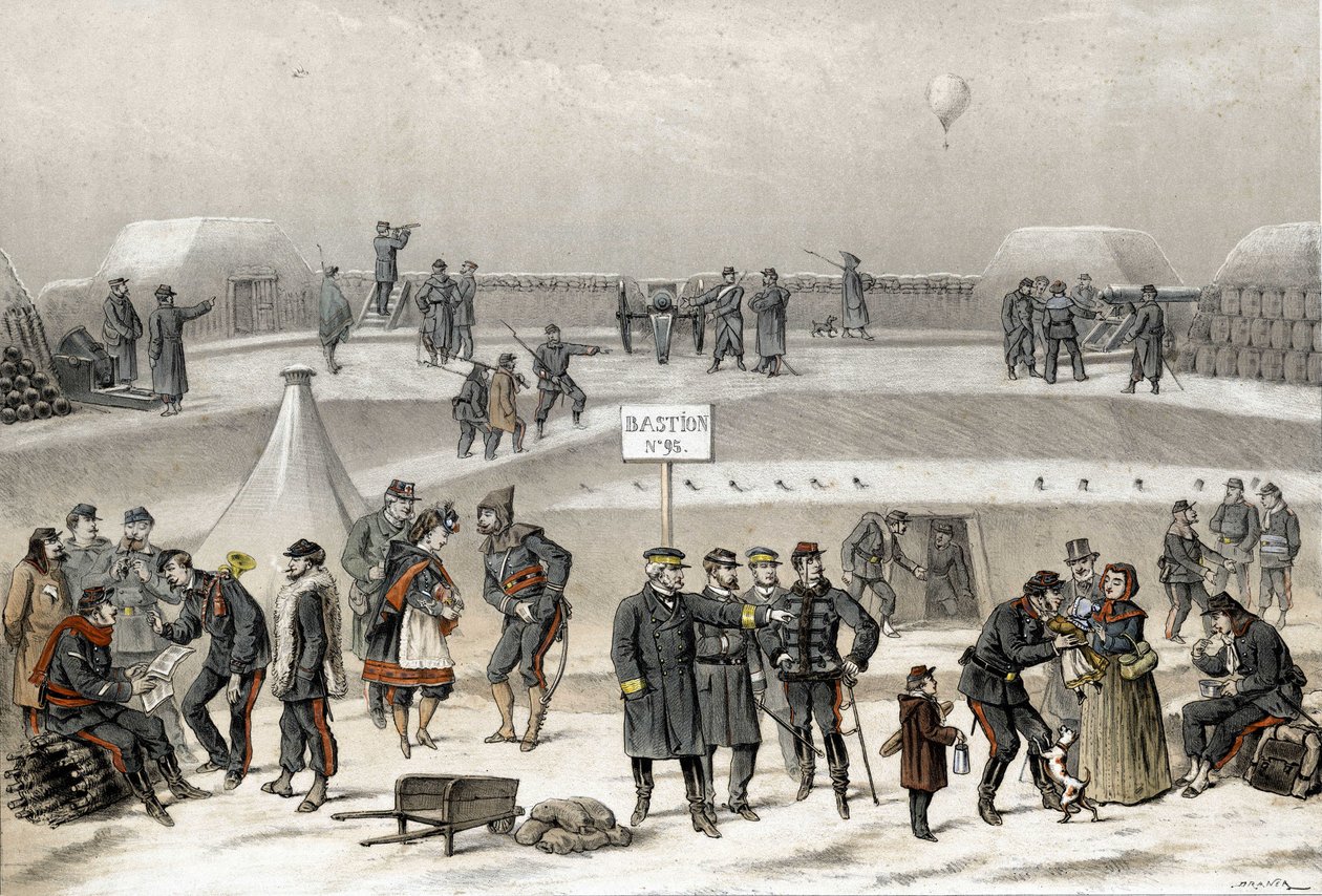 Obléhání Paříže v roce 1870 během války 1870-1871. Vojáci připravují obranu města: v bunkru je vidět voják. od French School
