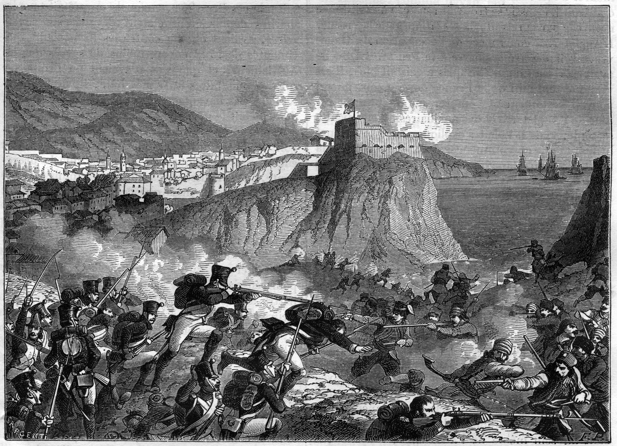 Obléhání Ragusy (Republika Ragusa) (Ragusa v chorvatském Dubrovníku) během napoleonských válek v květnu a červnu 1806 (dalmátské tažení generálem Molitorem a Lauristonem) - v „“Historie říše po historii konzulátu““ od Adolfa Thier od French School