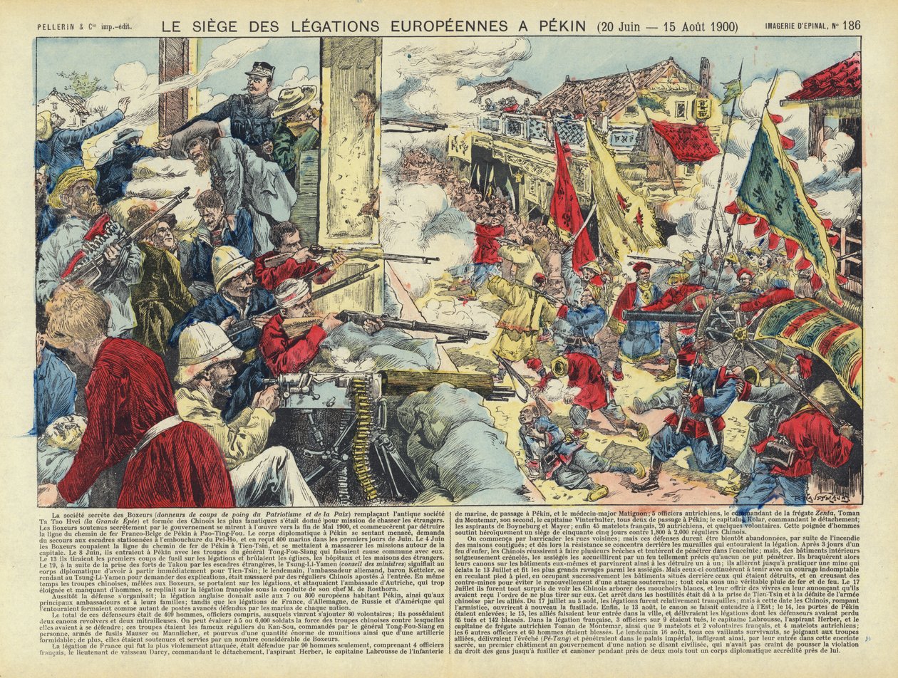 Obléhání evropských legií v Pekingu, Boxerské povstání, Čína, 20. června - 15. srpna 1900 (barevná litografie) od French School