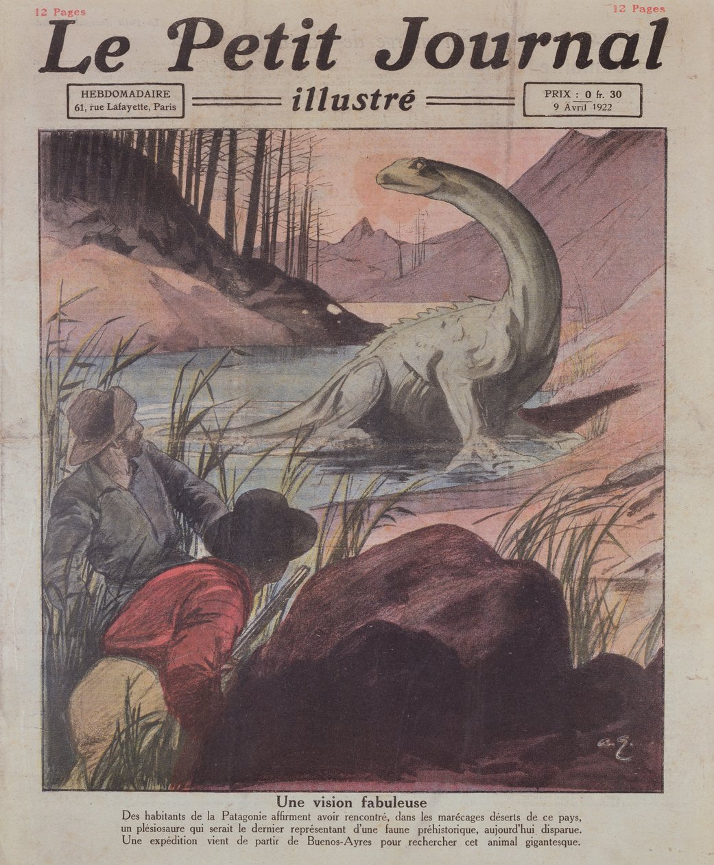 Pozorování Plesiosaura v Patagonii, titulní ilustrace Le Petit Journal, 9. dubna 1922 od French School